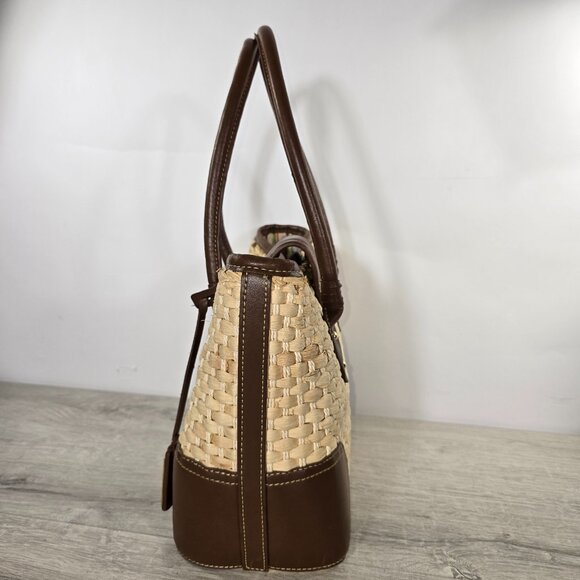 Chaps Straw Woven Shoulder Bag Purse Medium Brown Trim Charm Double Handle Rafia - Picture 3 of 9